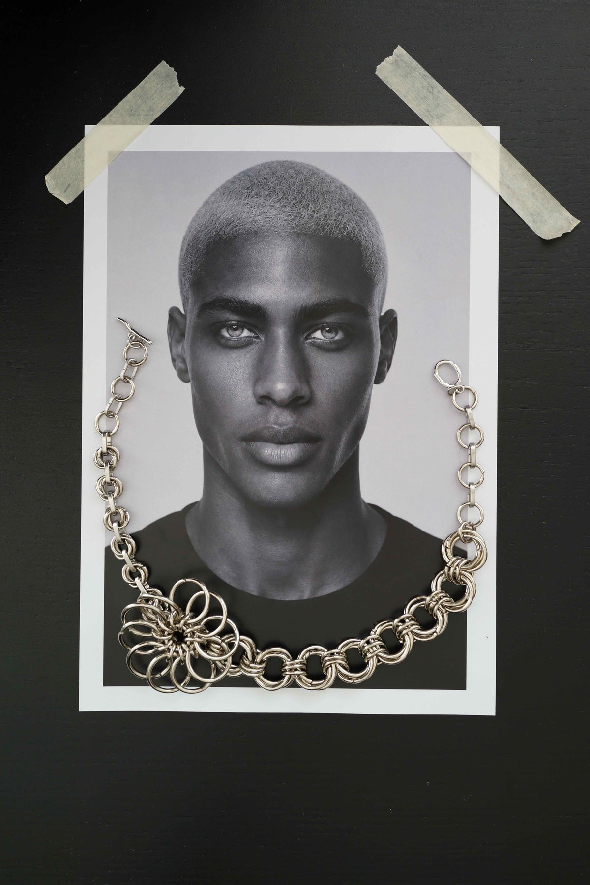 SARAH BOUNAB “Abyssal Bloom” flower necklace made of silver-plated stainless steel rings, hand-assembled in Switzerland.