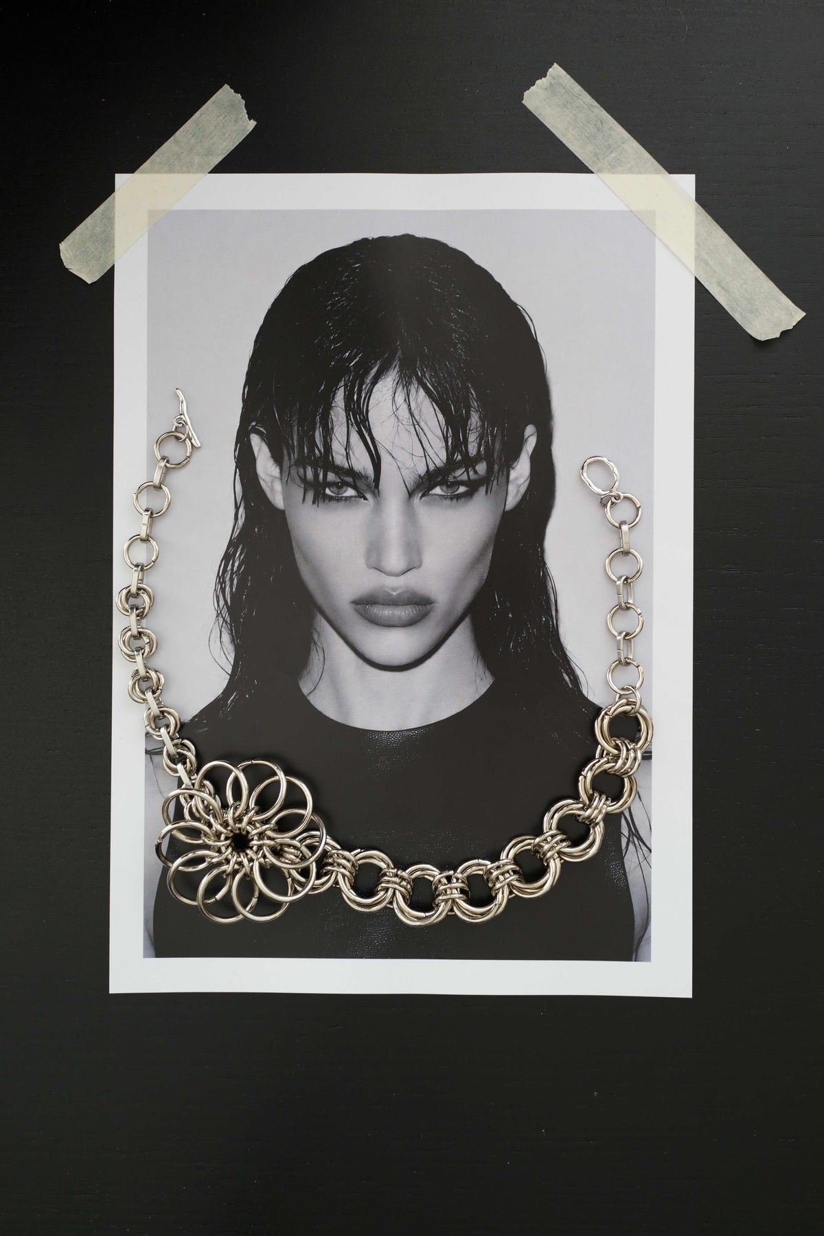 SARAH BOUNAB “Abyssal Bloom” flower necklace made of silver-plated stainless steel rings, hand-assembled in Switzerland.