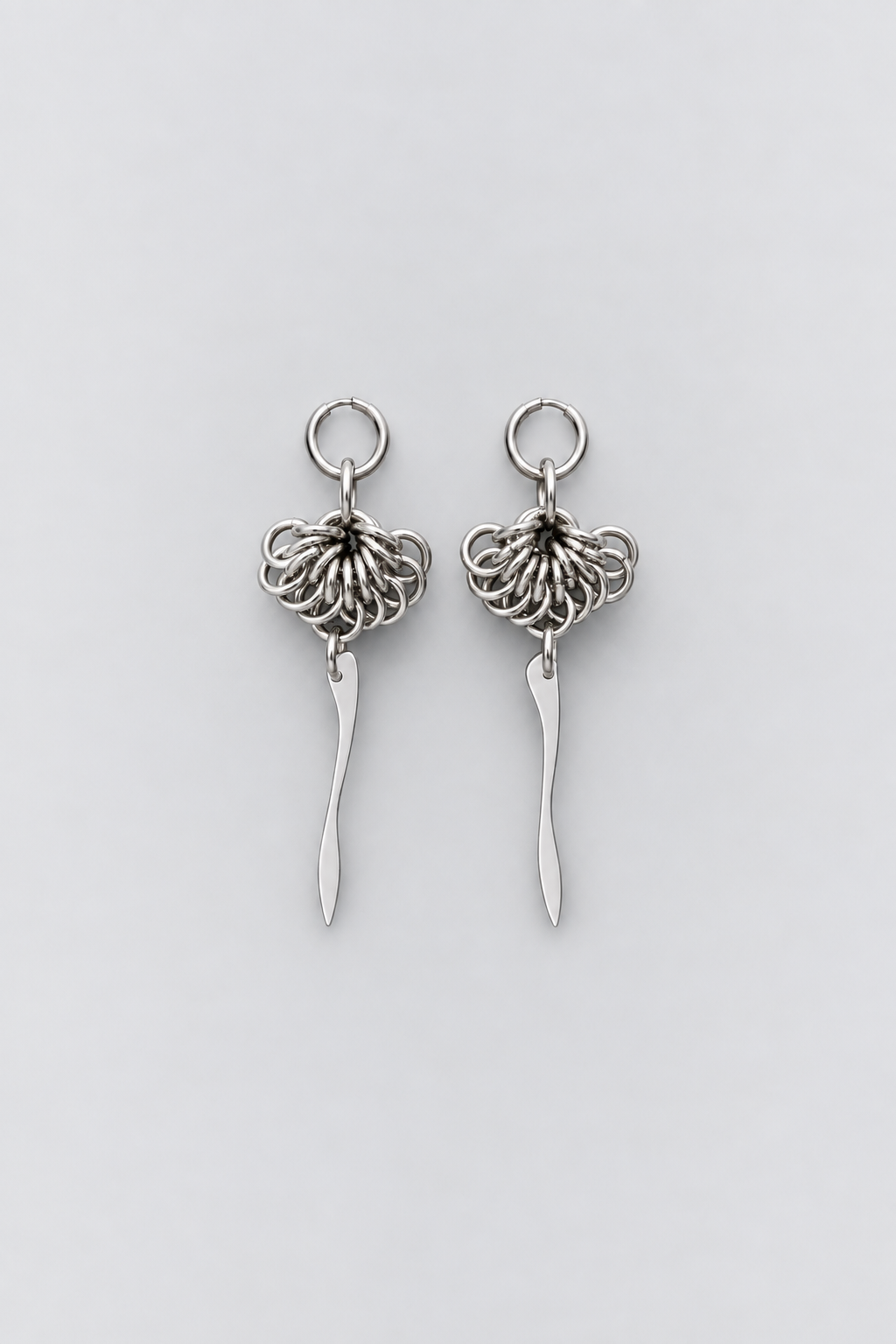 SARAH BOUNAB Abyssal Bloom Drop earrings in stainless steel with organic aluminum pendants, handmade in Switzerland.