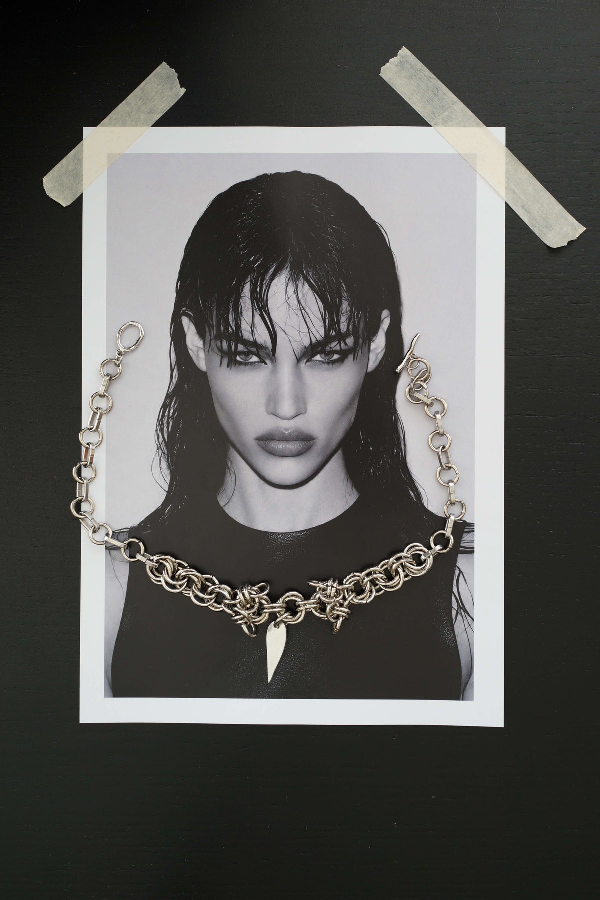 SARAH BOUNAB “Blade Heart” necklace in stainless steel with a mirror-polished aluminum tip pendant, handmade in Switzerland.