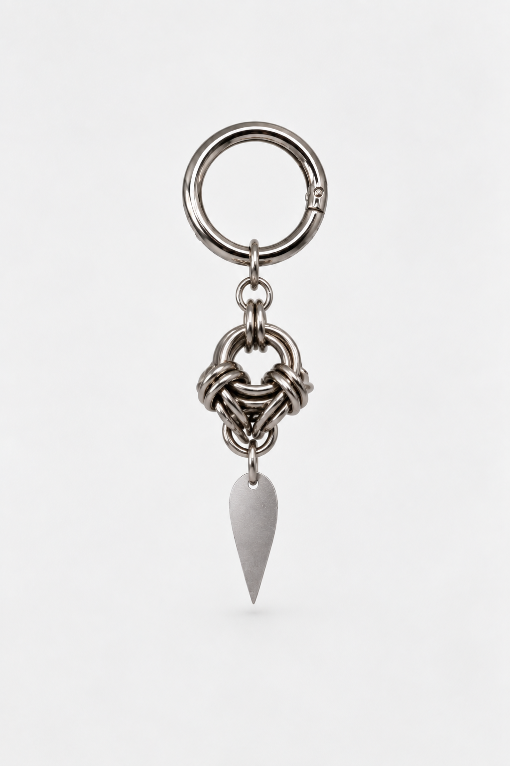 SARAH BOUNAB “Blade Heart” stainless steel keychain with an aluminum tip pendant, handmade in Switzerland.