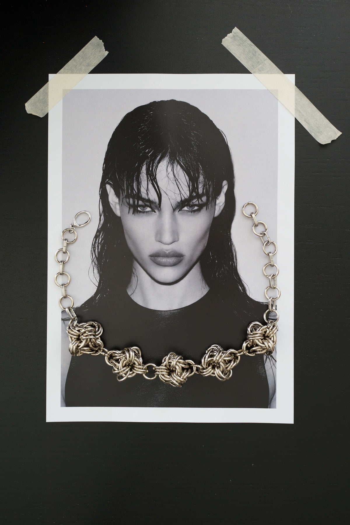 SARAH BOUNAB Orbital Knot Necklace, featuring five stainless steel ring knots, handcrafted in Switzerland.